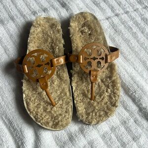 Tory Burch Miller Cloud Shearing Leather Sandal Caramel Corn